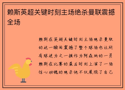 赖斯英超关键时刻主场绝杀曼联震撼全场